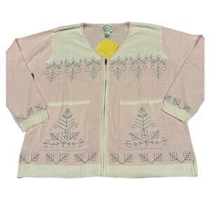 NWT Stiches In Time Pink, white, zipper Cardigan w snowflakes & gems size Large